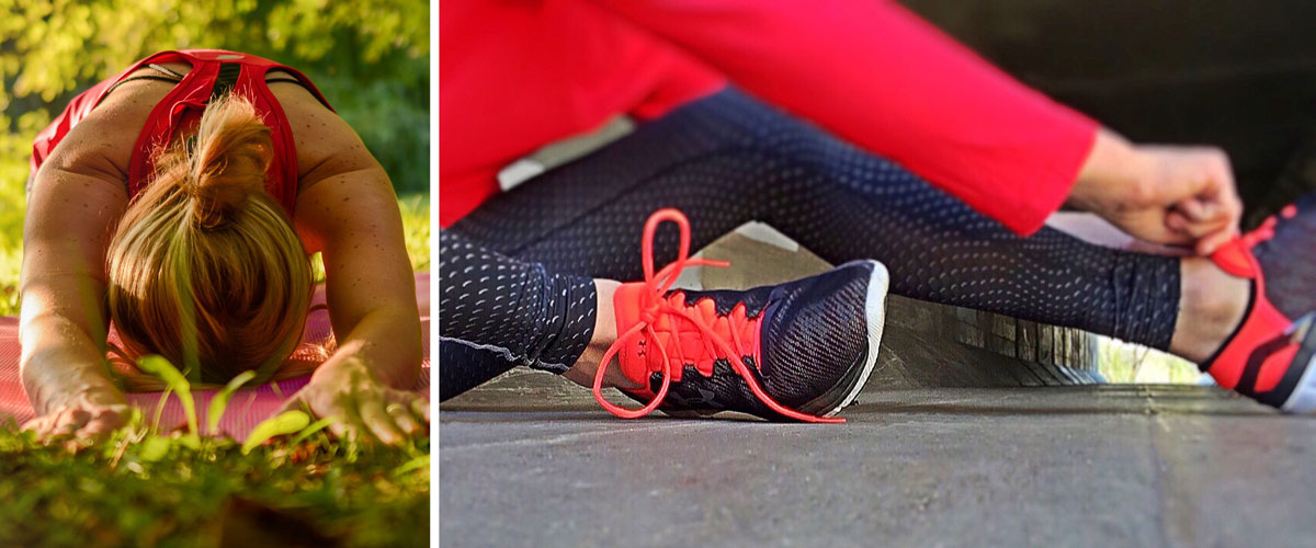 Woman stretching and another putting on runners