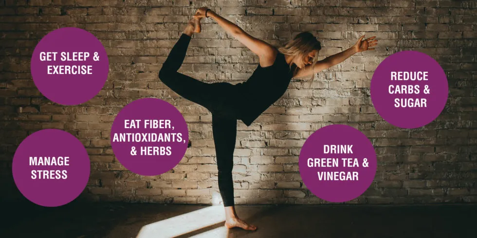 lady holding yoga pose with word bubbles surrounding her explaining natural ways to reduce insulin resistance