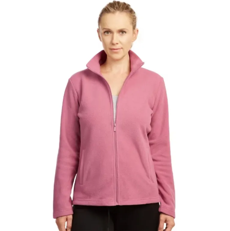 women wearing a pink synthetic fleece zip up jacket from Target