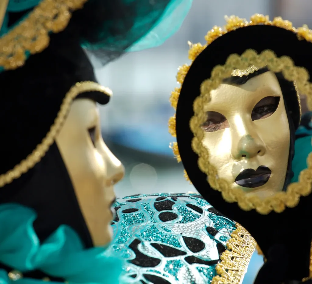 Magic Mask metaphor - person with mask on looking into a mirror